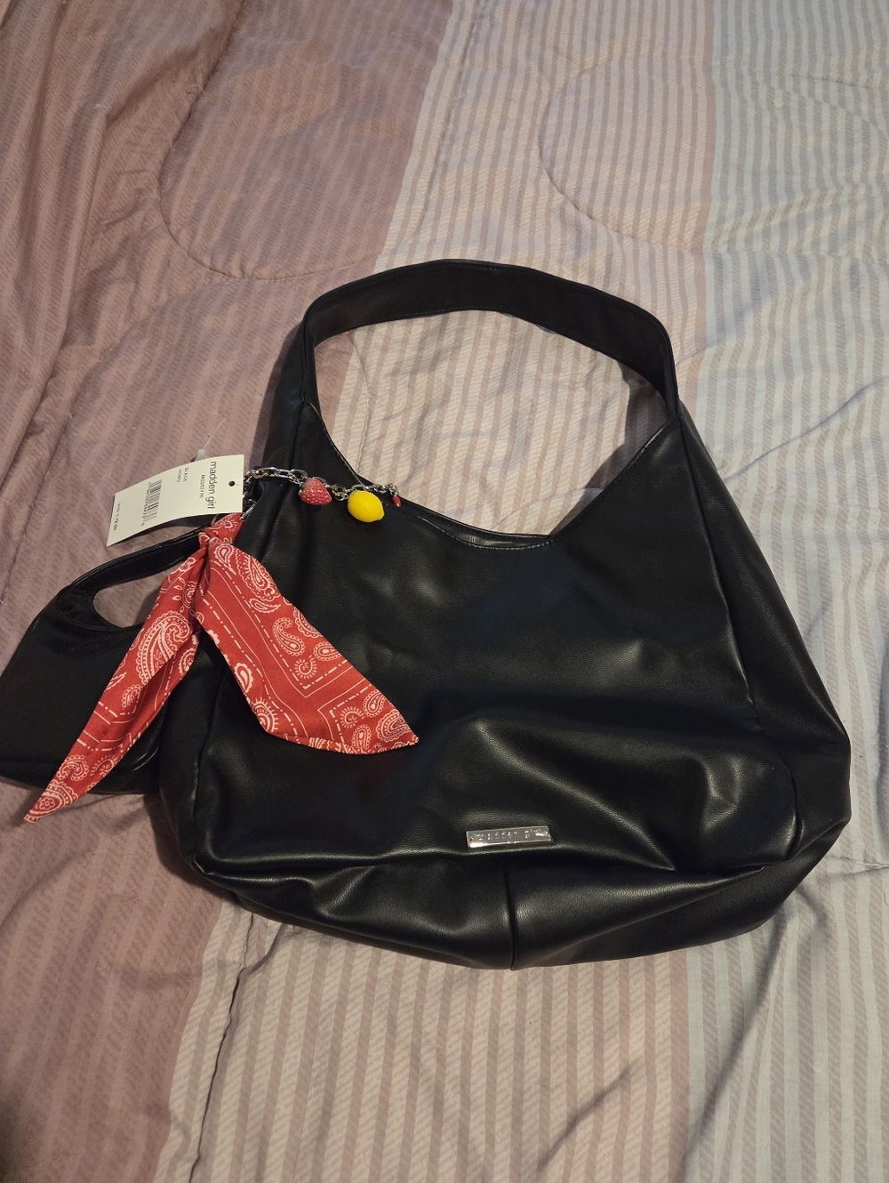 Leatherette Black Shoulder Bag with Red Bandana Accent